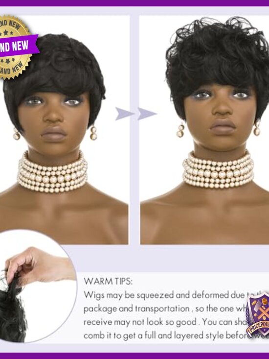 Short Curly Human Hair Wig with Bangs Pixie Cut Lightweight Daily Cosplay